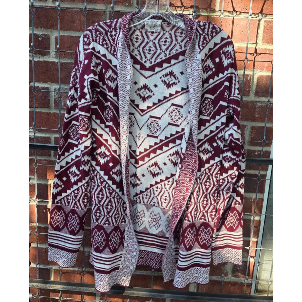 Women's Hippie Rose Burgundy Cream Aztec Open Front Cardigan L